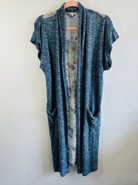 Mystree Short Sleeve Mixed Media Floral Tie Back Boho Open Duster Size S